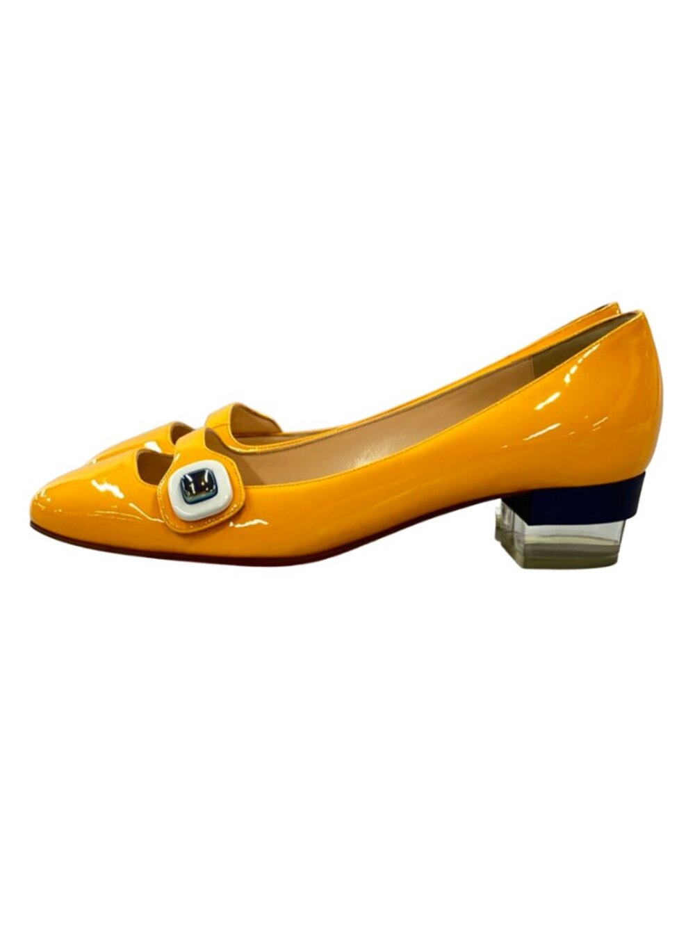 Christian Louboutin Bibababy 35 Yellow Patent Mary Jane Acrylic Heel Sz 37